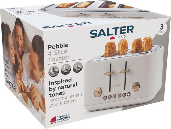 Grille-pain 4 tranches Salter Pebble – Fentes larges avec éjection haute, 6 niveaux de brunissage, centrage automatique, ramasse-miettes amovible, fonctions décongélation/réchauffage/annulation, Stone