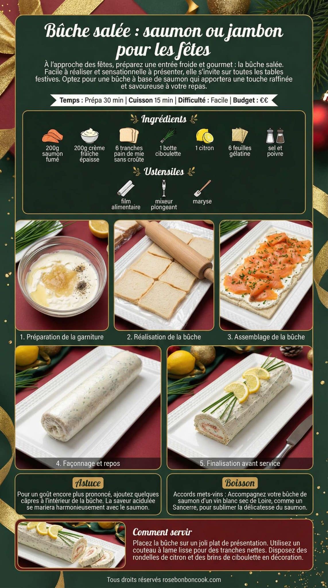 Fiche recette B&ucirc;che sal&eacute;e : saumon ou jambon pour les f&ecirc;tes