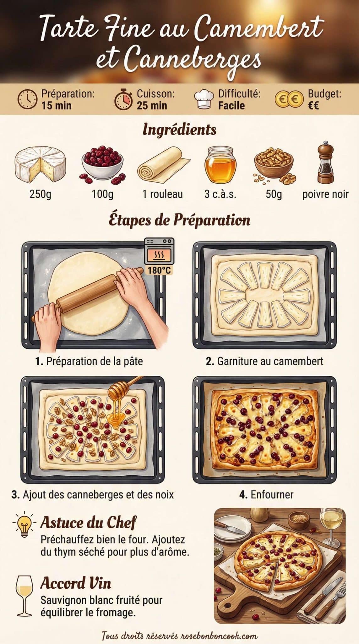 Fiche recette Recette de tarte fine au camembert et canneberges