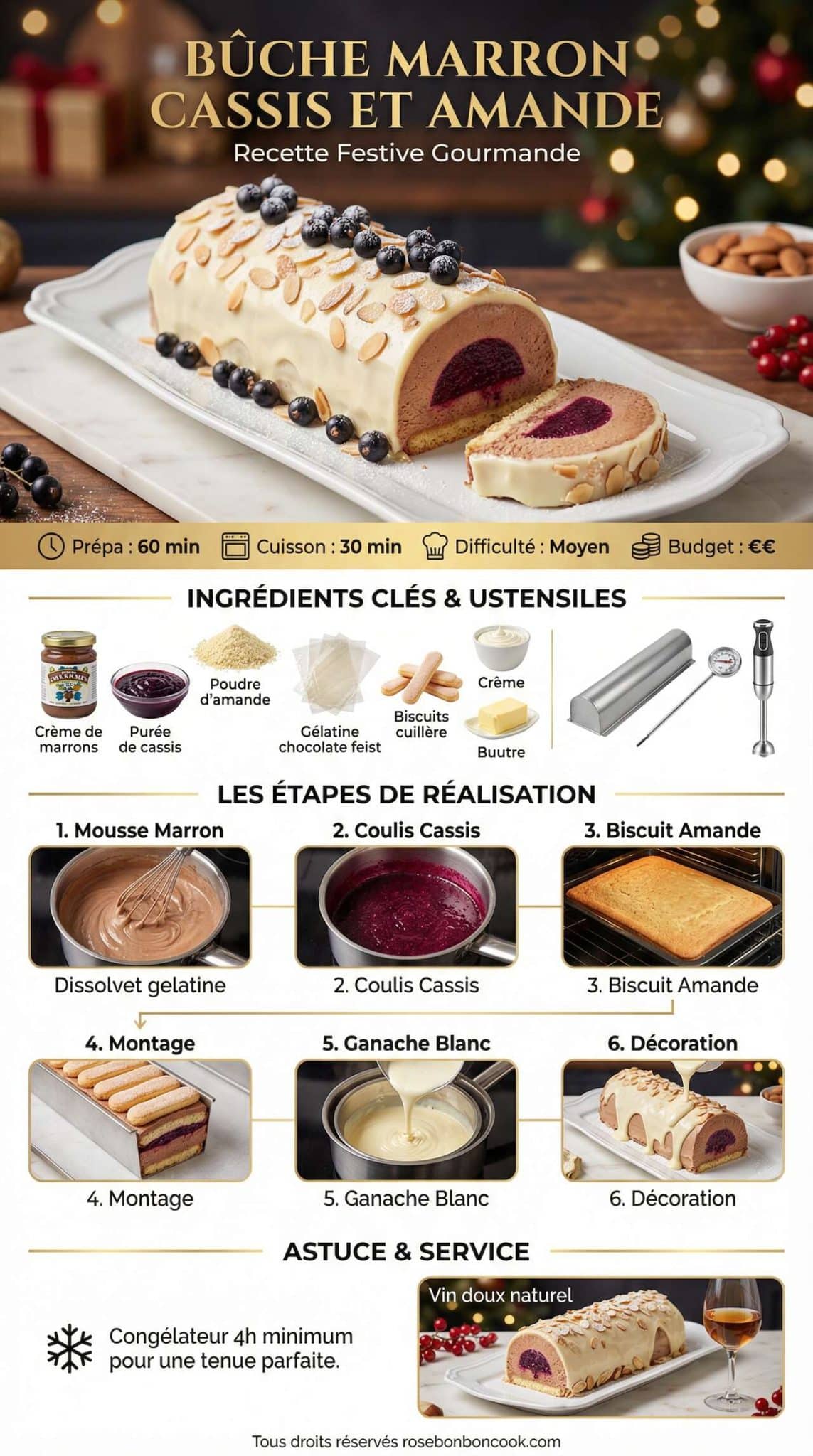 Fiche recette B&ucirc;che Marron Cassis et Amande : recette Festive Gourmande