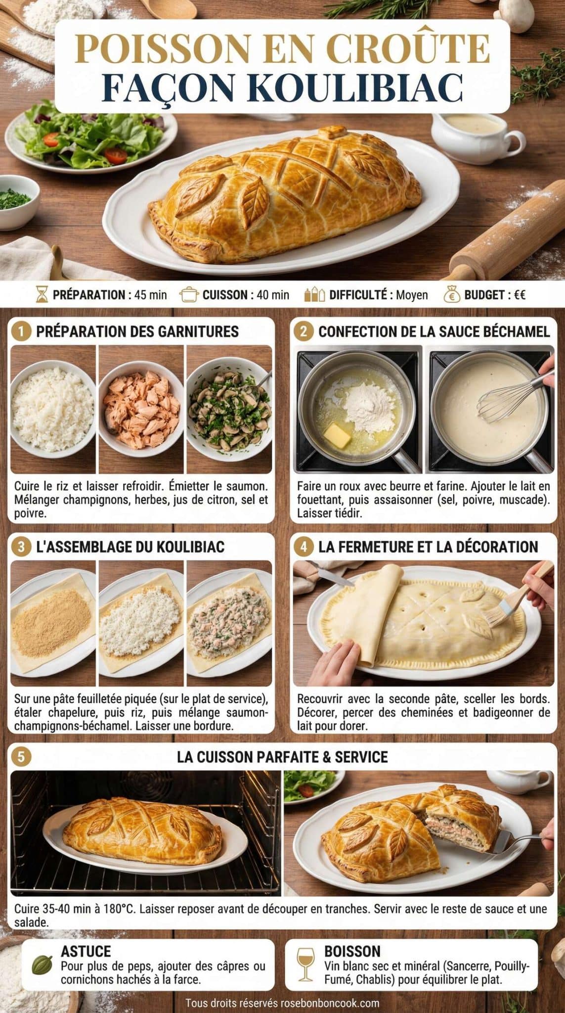 Fiche recette Poisson en cro&ucirc;te fa&ccedil;on Koulibiac : recette savoureuse et facile