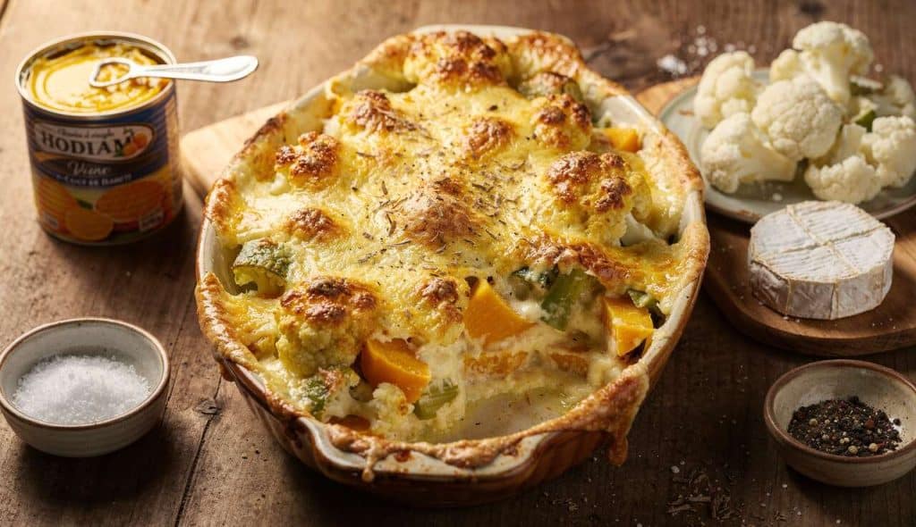 Gratin de courge, chou-fleur et camembert : recette savoureuse