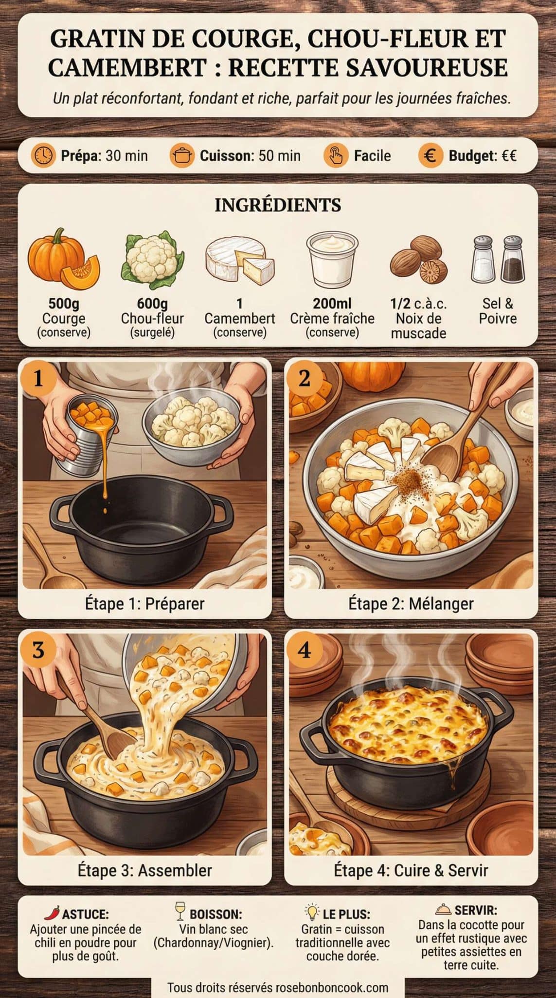 Fiche recette Gratin de courge, chou-fleur et camembert : recette savoureuse