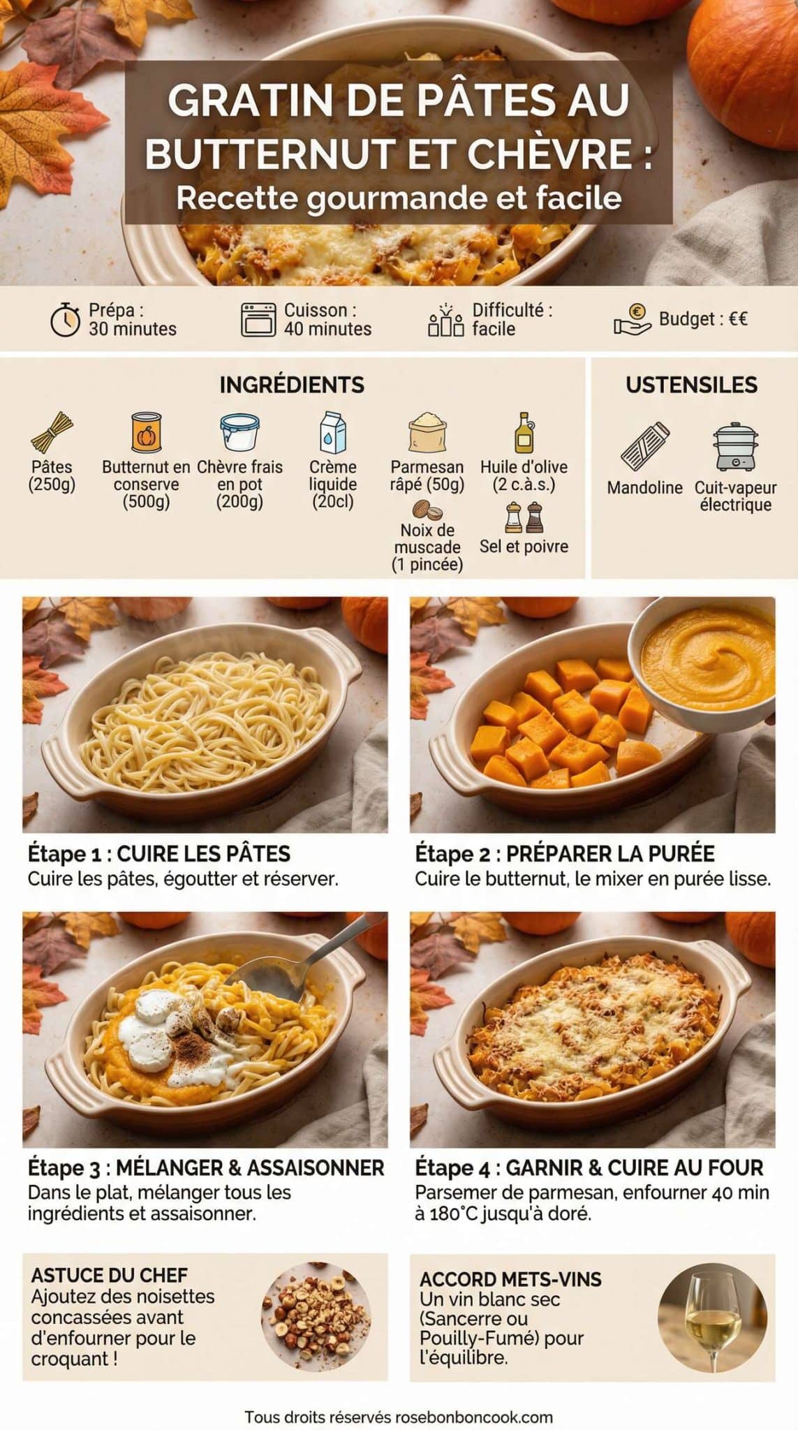 Fiche recette Gratin de p&acirc;tes au butternut et ch&egrave;vre : recette gourmande et facile
