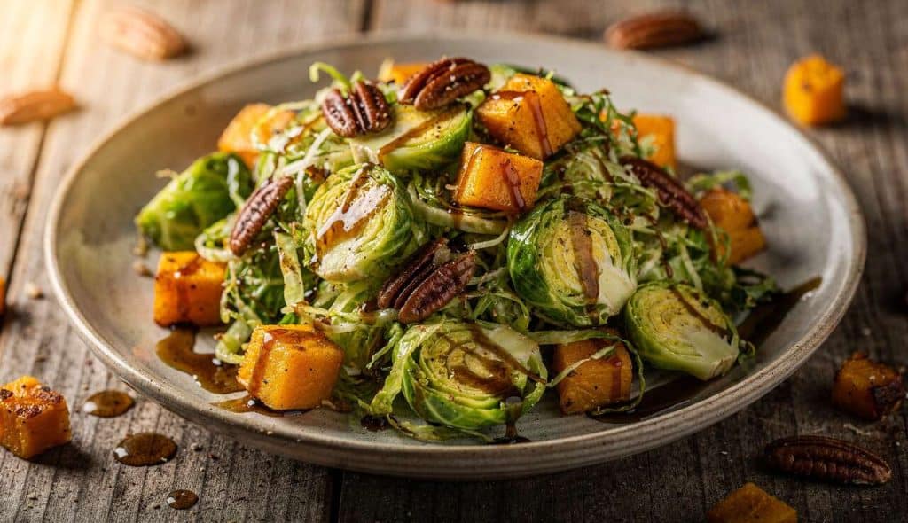 Salade croquante de choux de Bruxelles, butternut et noix de pécan