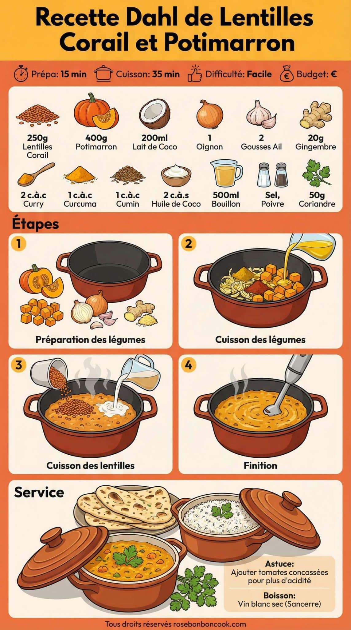 Fiche recette Recette Dahl de Lentilles Corail et Potimarron