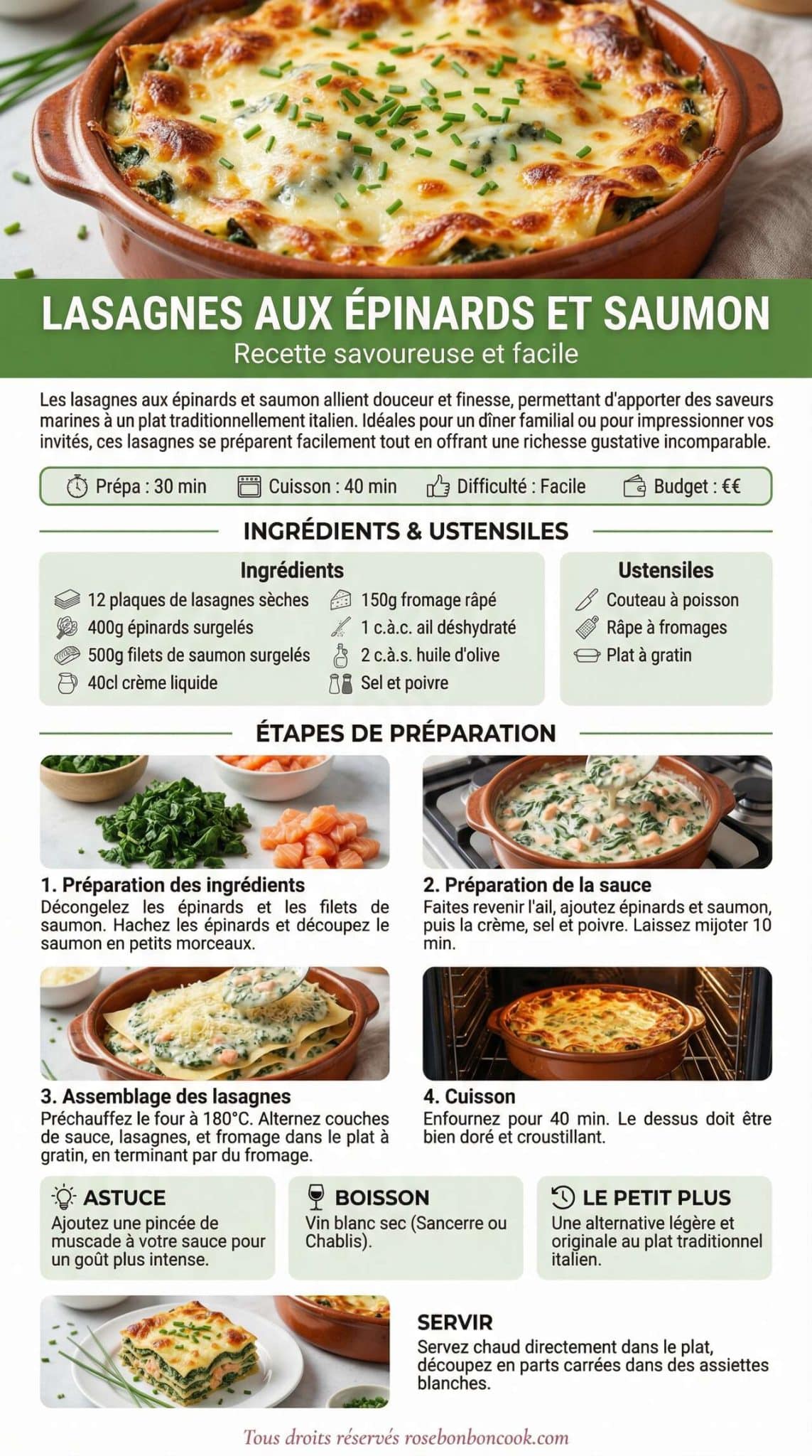 Fiche recette Lasagnes aux &eacute;pinards et saumon : recette savoureuse et facile