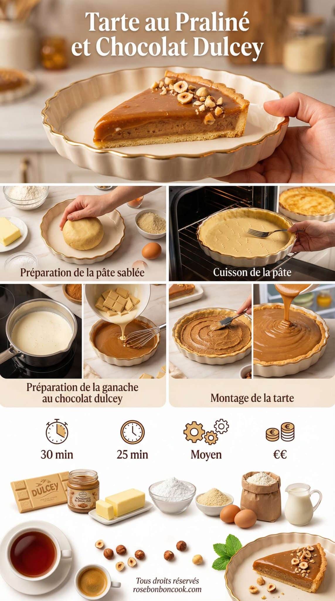 Fiche recette Tarte au Pralin&eacute; et Chocolat Dulcey : recette Gourmande