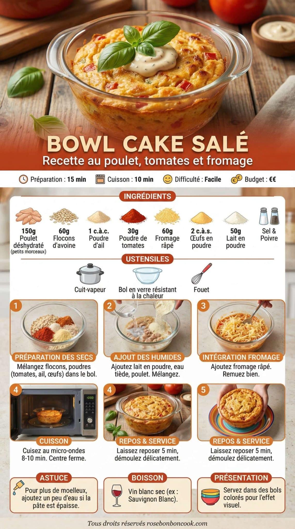 Fiche recette Bowl cake sal&eacute; : recette au poulet, tomates et fromage