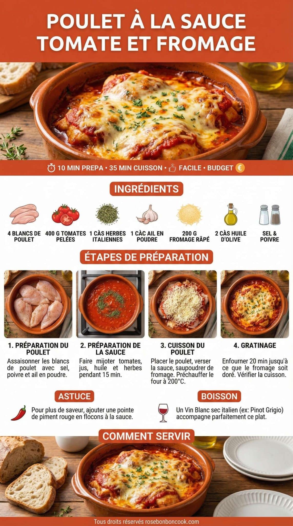 Fiche recette recette facile et savoureuse : poulet &agrave; la sauce tomate et fromage