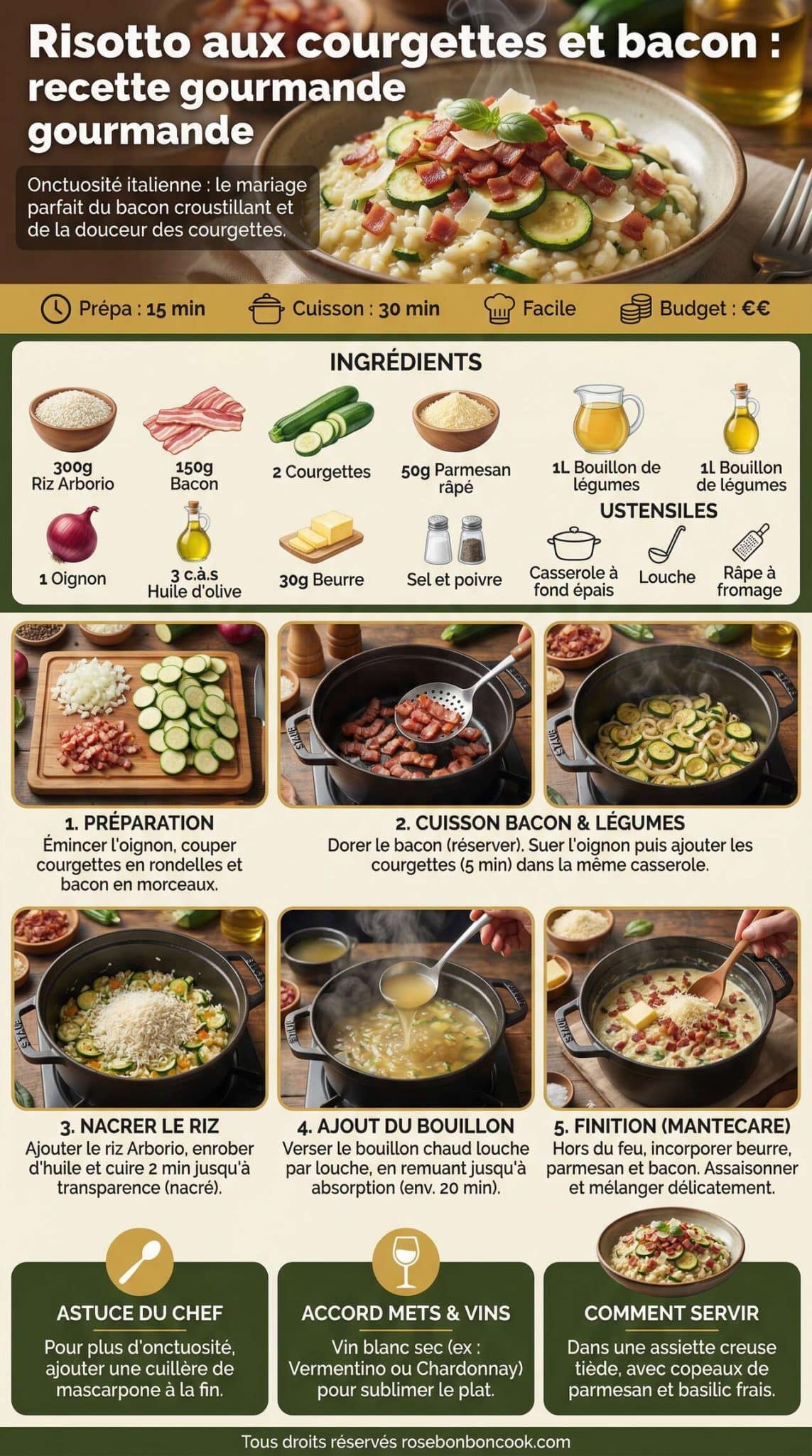 Fiche recette Risotto aux courgettes et bacon : recette gourmande