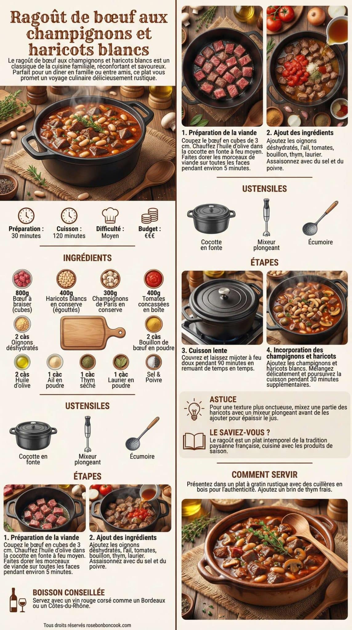 Fiche recette Rago&ucirc;t de b&oelig;uf aux champignons et haricots blancs