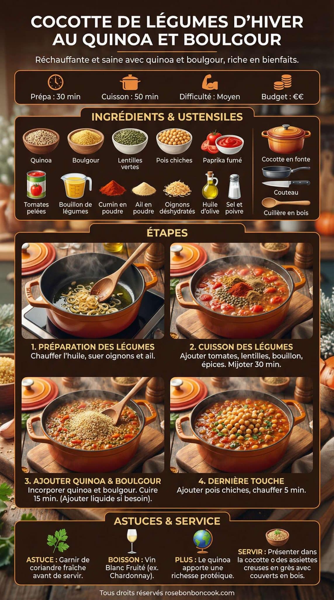 Fiche recette Cocotte de L&eacute;gumes d'Hiver au Quinoa et Boulgour