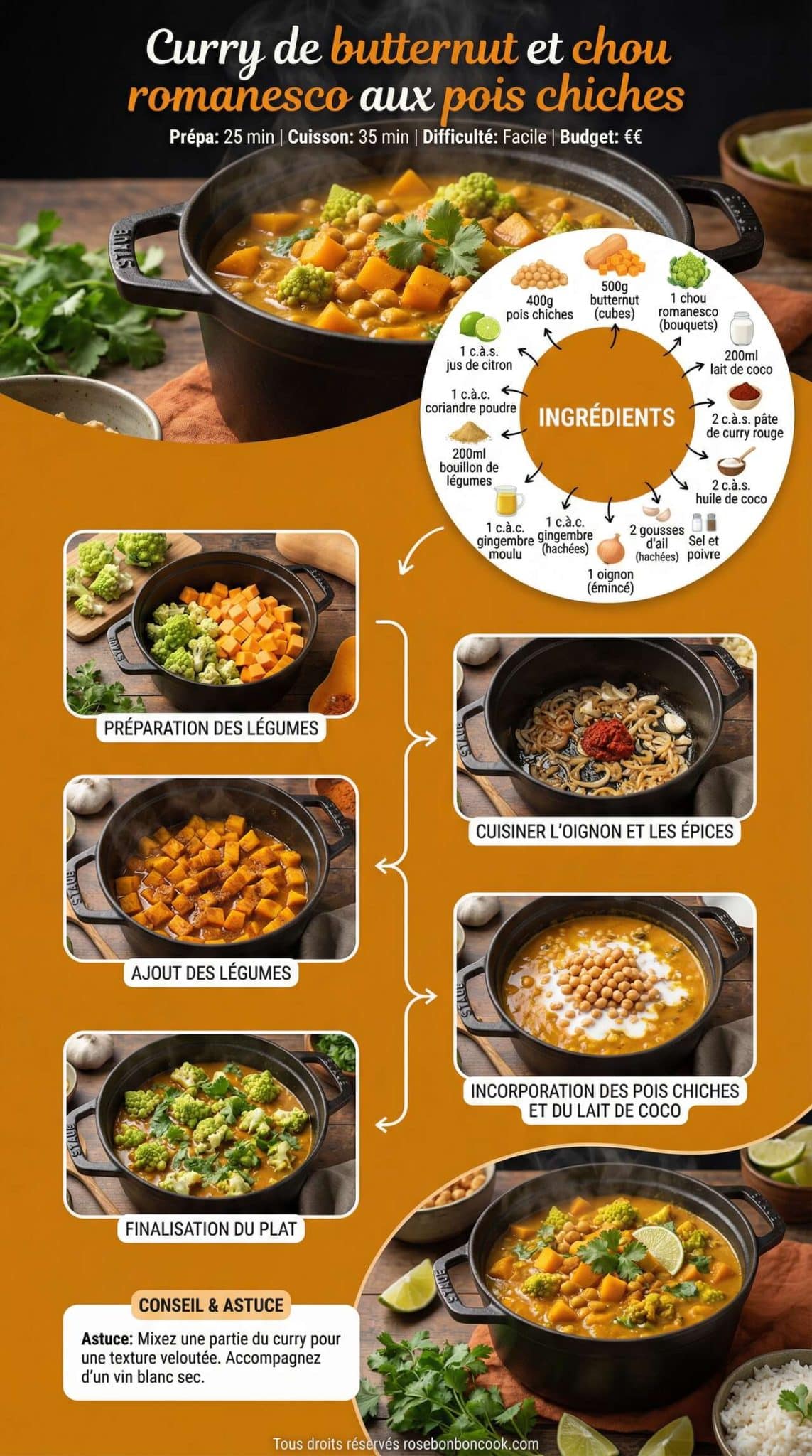 Fiche recette Curry de butternut et chou romanesco aux pois chiches
