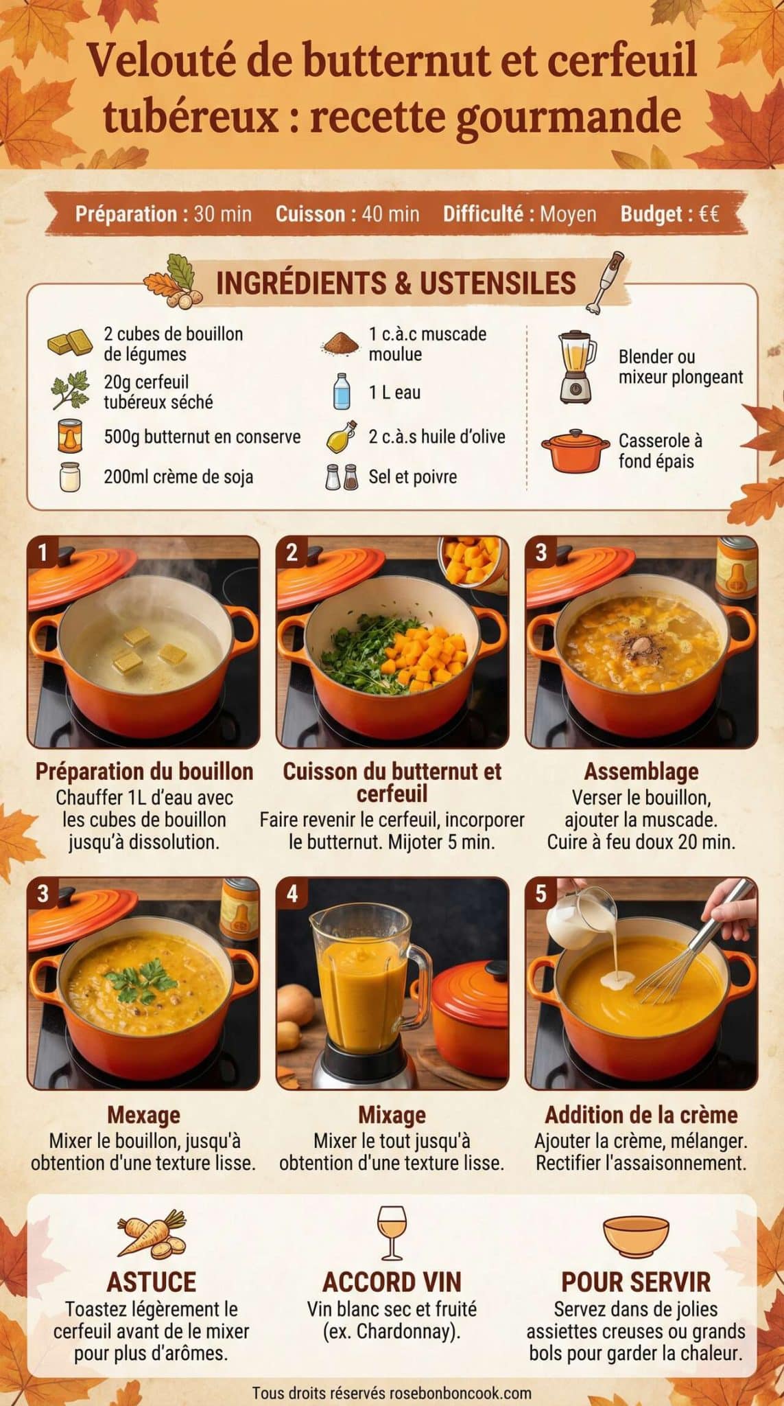 Fiche recette Velout&eacute; de butternut et cerfeuil tub&eacute;reux : recette gourmande
