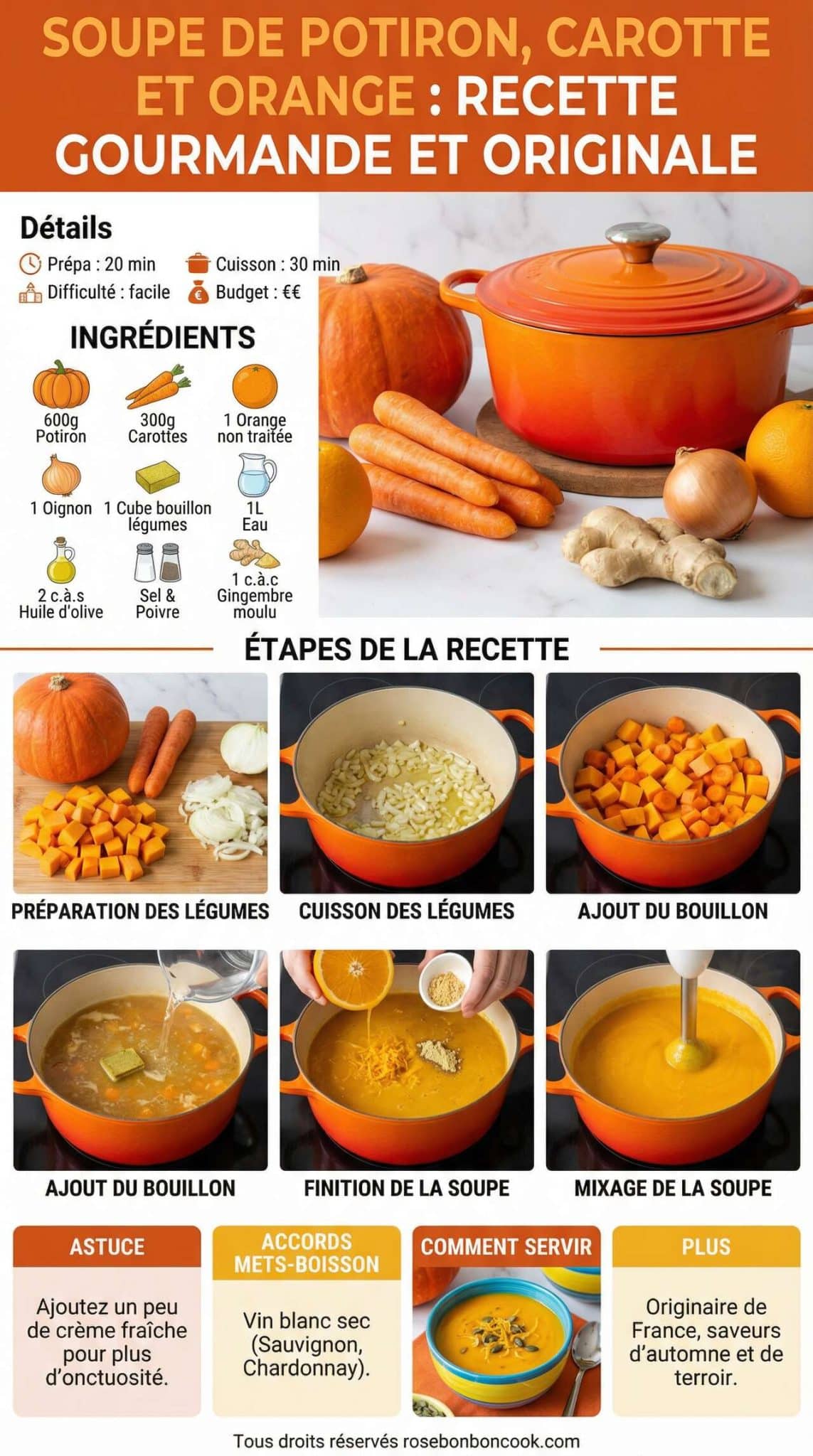 Fiche recette Soupe de potiron, carotte et orange : recette gourmande et originale