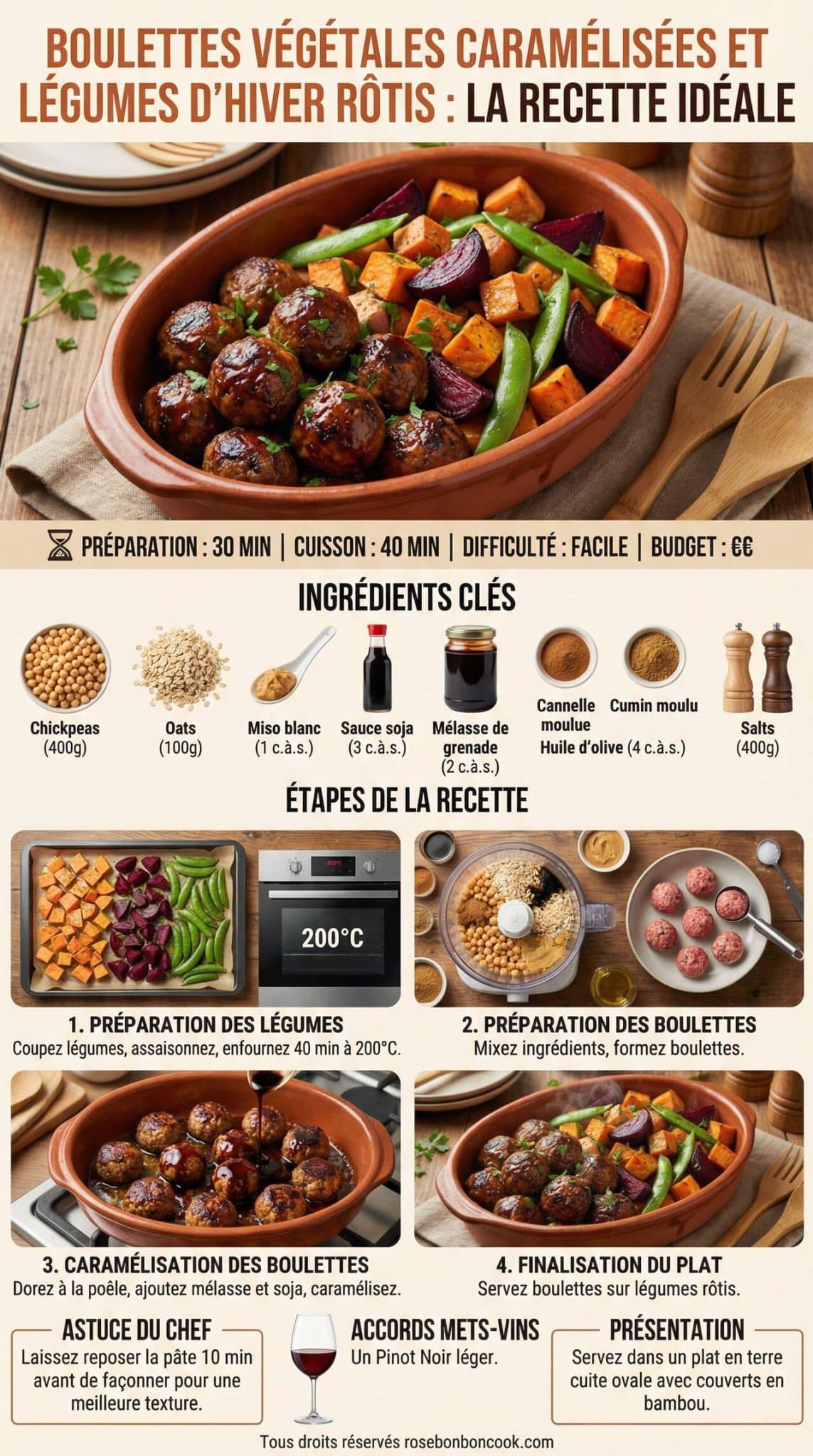 Fiche recette Boulettes v&eacute;g&eacute;tales caram&eacute;lis&eacute;es et l&eacute;gumes d'hiver r&ocirc;tis : la recette id&eacute;ale
