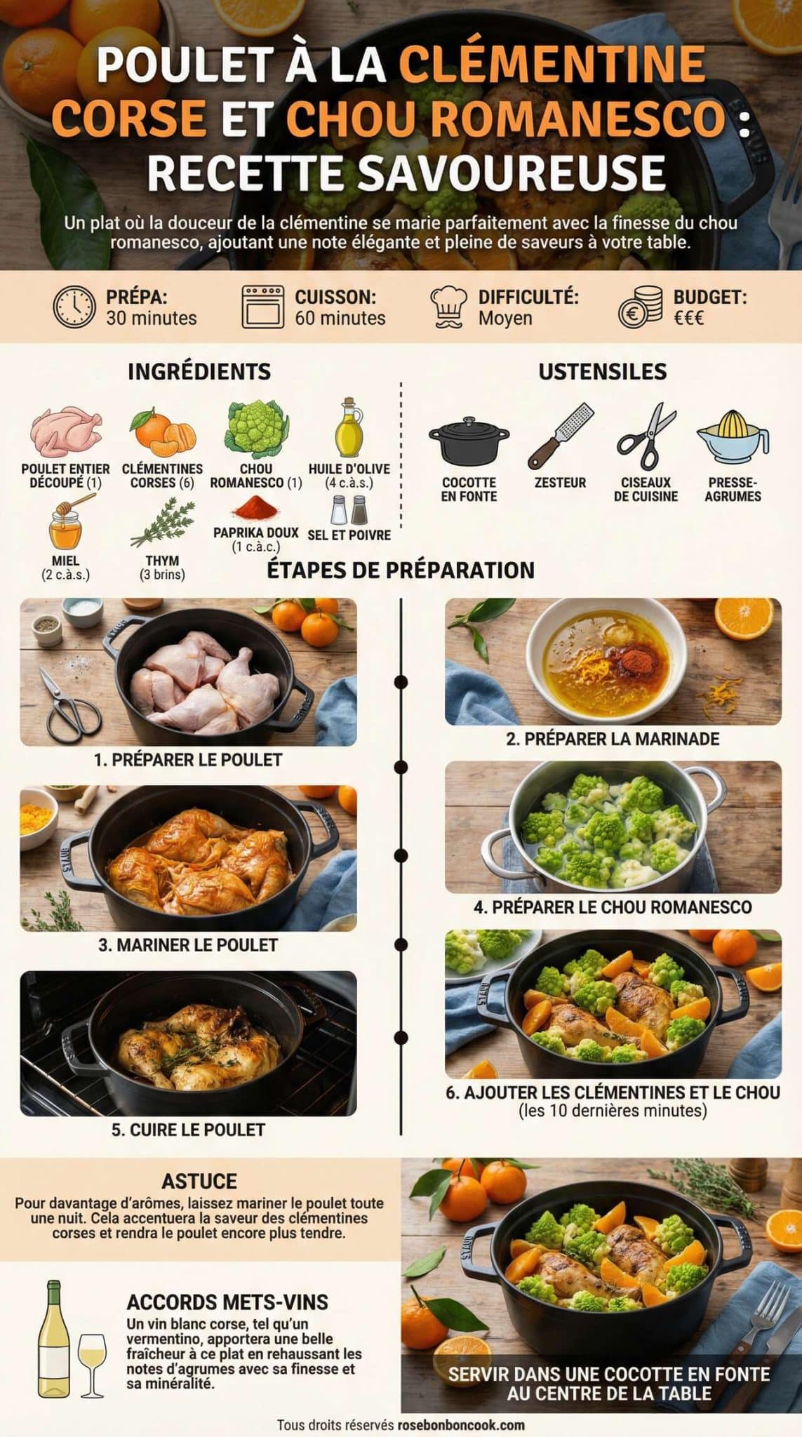 Fiche recette Poulet &agrave; la Cl&eacute;mentine Corse et Chou Romanesco : recette Savoureuse