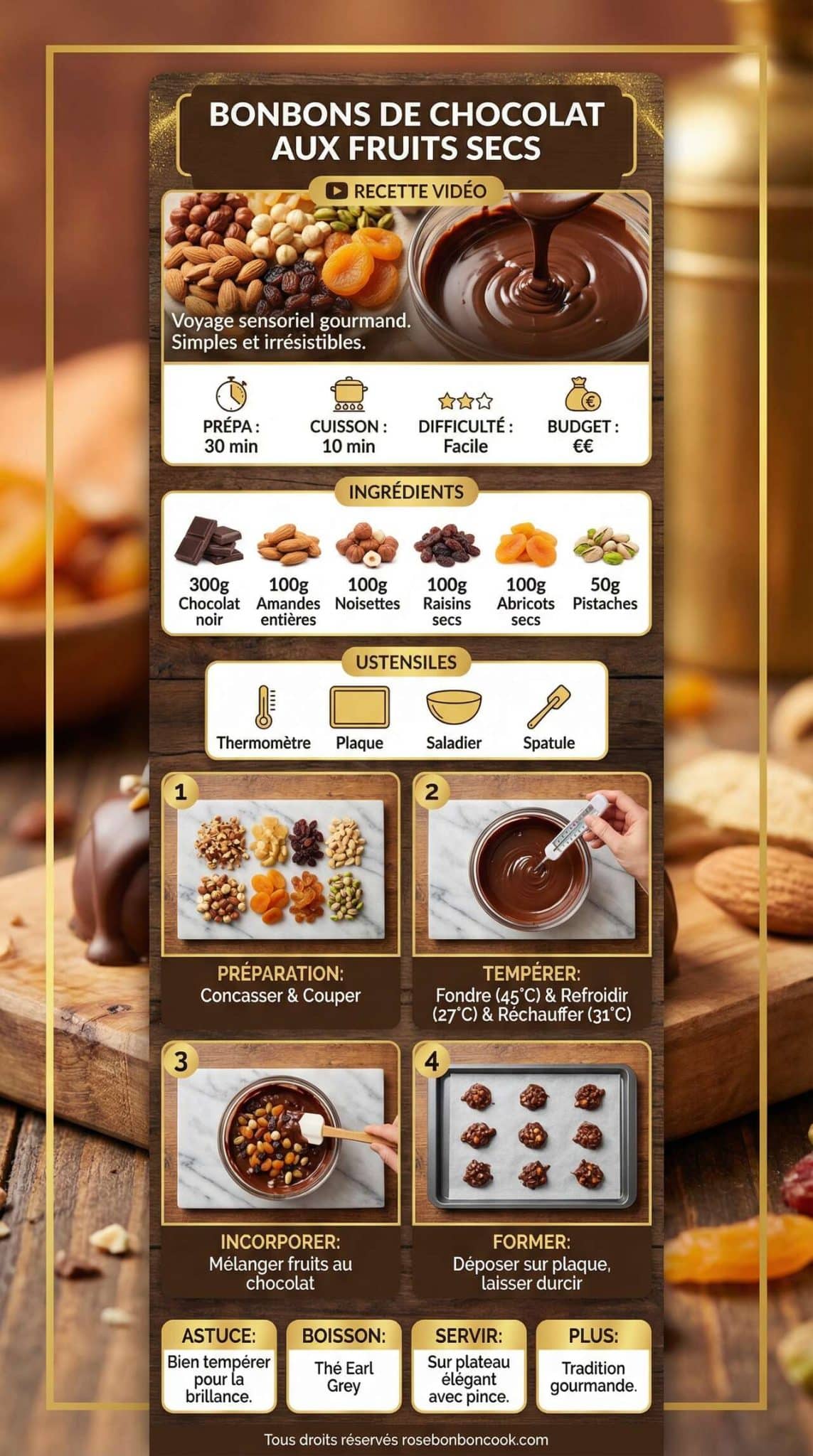 Fiche recette Bonbons de chocolat aux fruits secs : recette vid&eacute;o