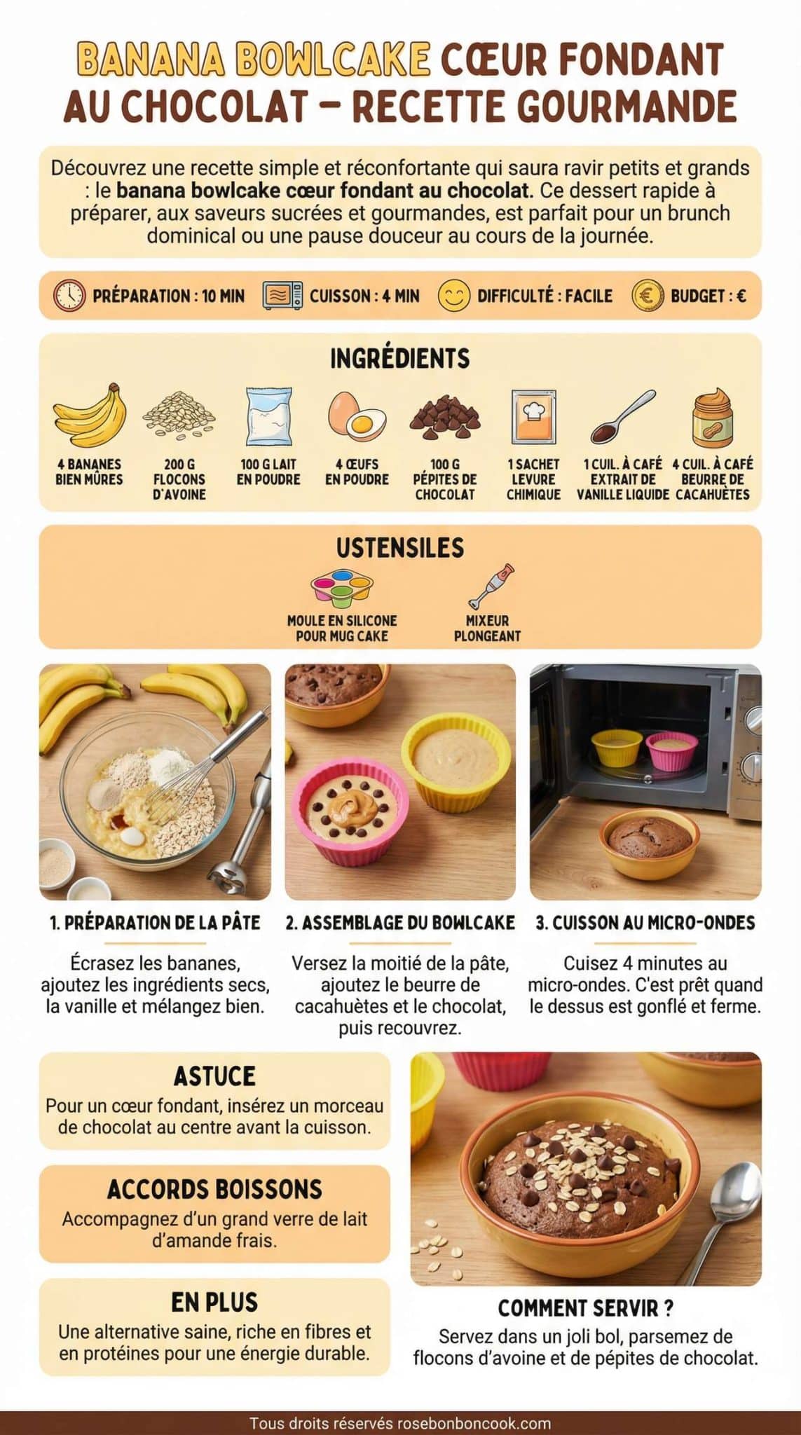 Fiche recette Banana bowlcake c&oelig;ur fondant au chocolat - Recette gourmande