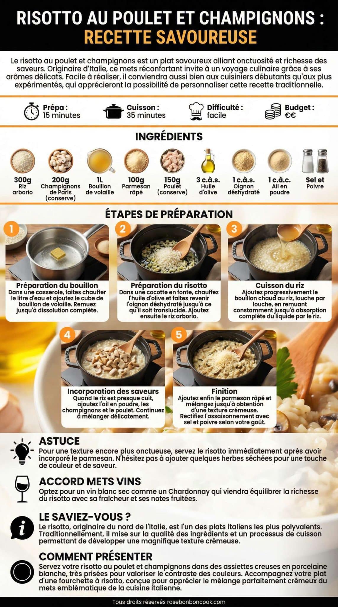 Fiche recette Risotto au Poulet et Champignons : recette Savoureuse