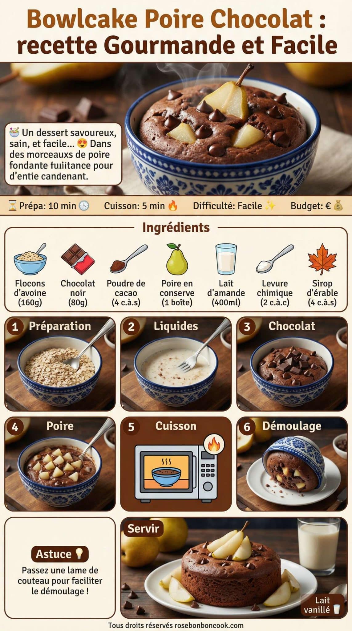 Fiche recette Bowlcake Poire Chocolat : recette Gourmande et Facile