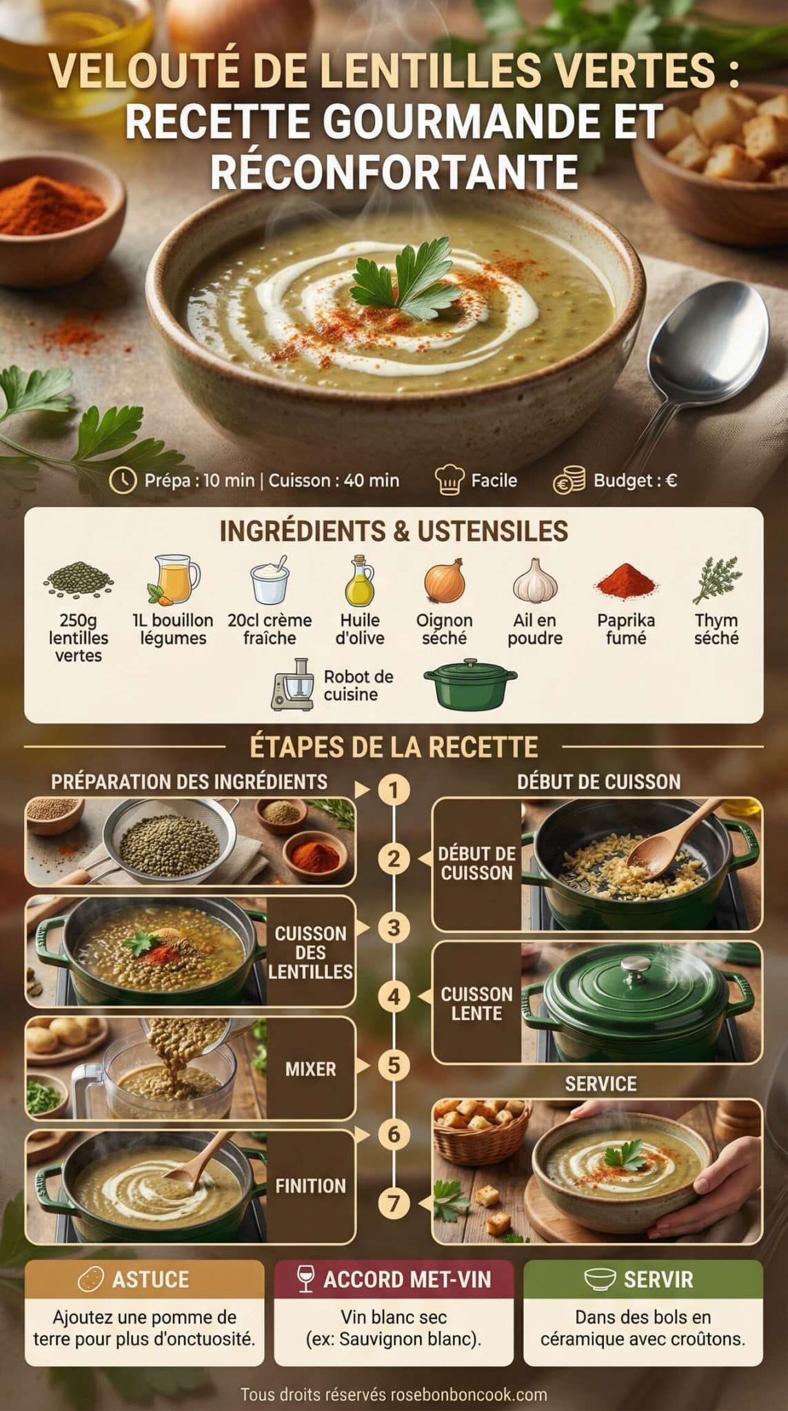 Fiche recette Velout&eacute; de lentilles vertes : recette gourmande et r&eacute;confortante