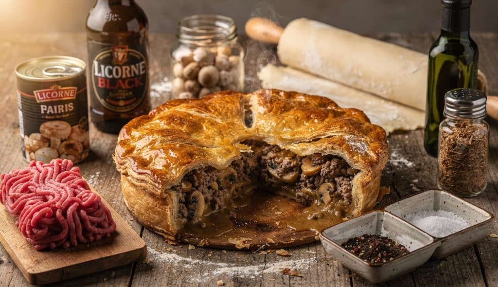 Recette de tourte au boeuf, champignons et bière Licorne Black