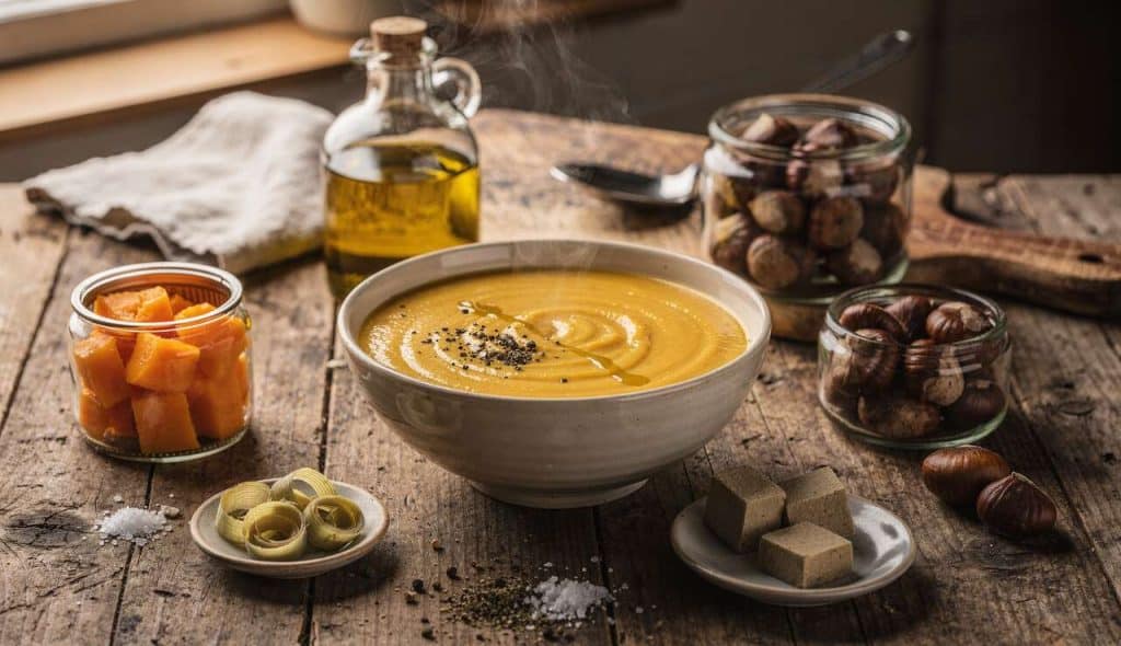 Soupe butternut poireaux châtaignes : recette réconfortante