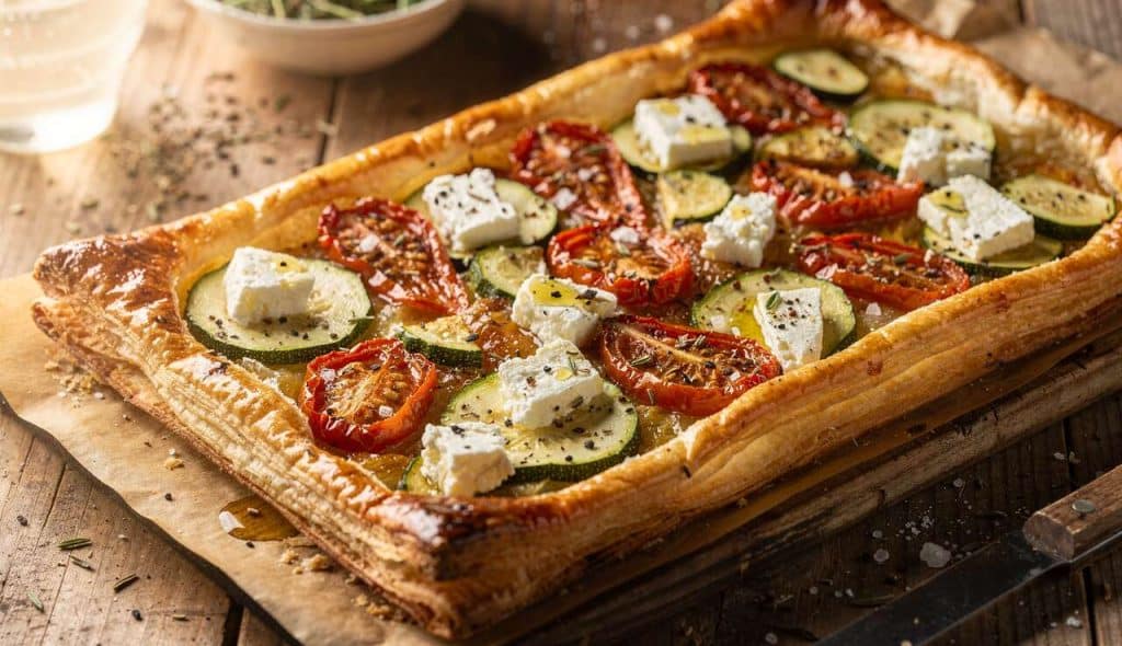 Recette savoureuse : tarte aux courgettes, tomates et feta
