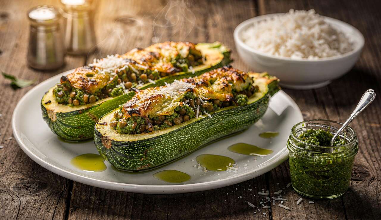 Courgettes farcies aux lentilles et pesto