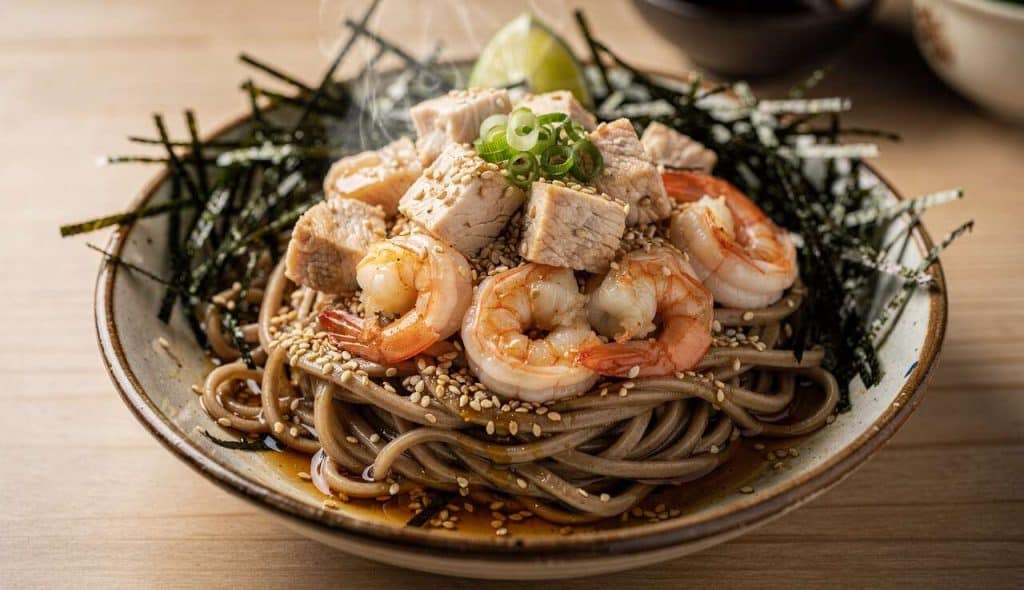 Salade japonaise au poulet, crevettes et nouilles soba