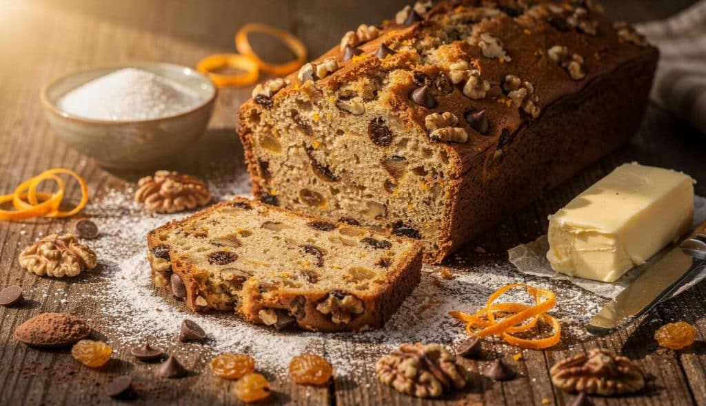 Cake aux noix, pépites de chocolat, raisins et écorces d'orange : recette gourmande