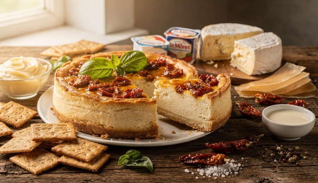 Cheesecake salé au St Môret, tomates séchées et basilic