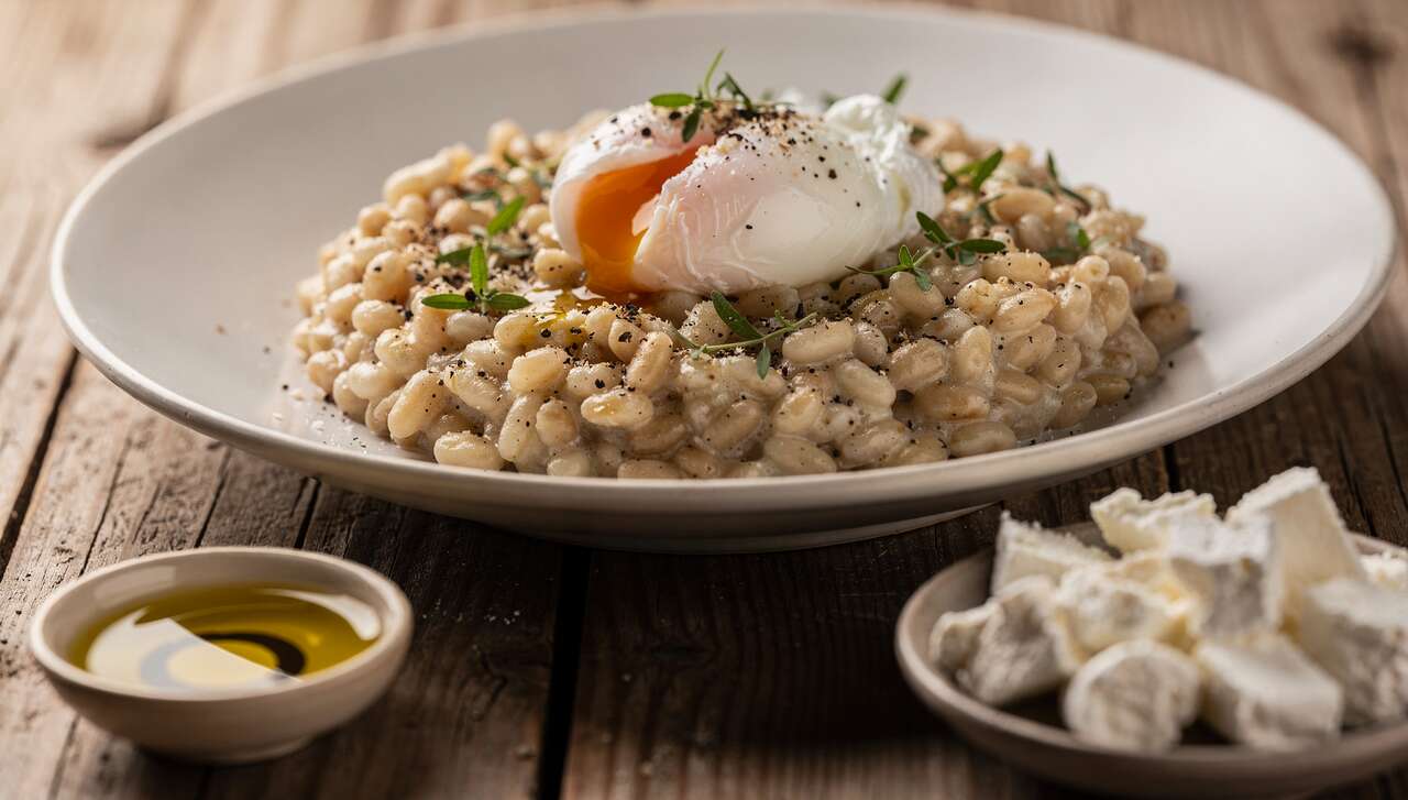 Risotto d'orge perlé au chèvre et œuf mollet : recette gourmande