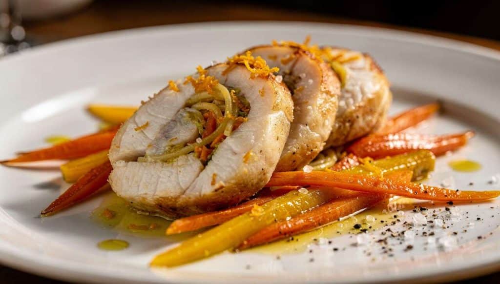 Rôti de lotte farci : délice aux spaghettis et légumes beurre d'agrumes