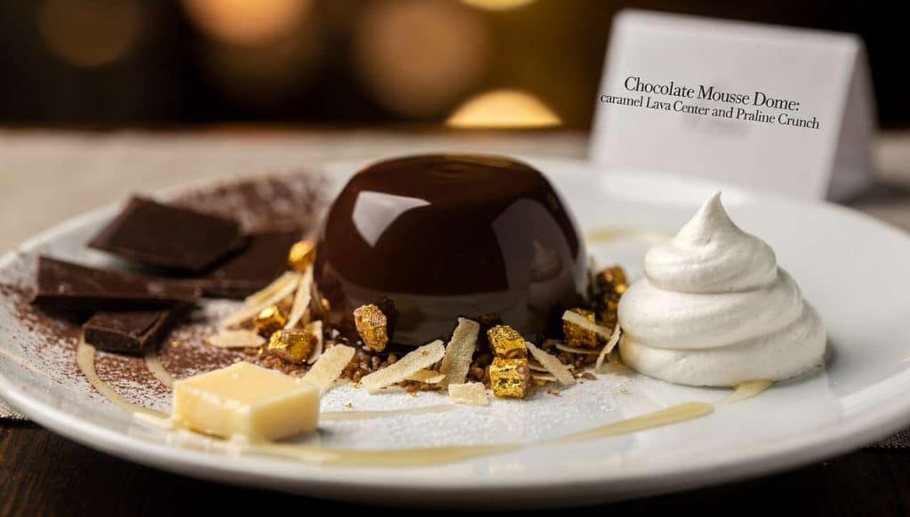 Dôme de mousse au chocolat : cœur coulant au caramel et croustillant praliné