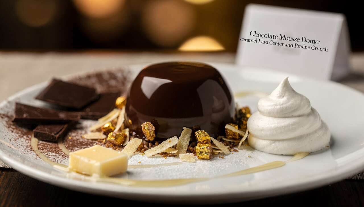 Dôme de mousse au chocolat : cœur coulant au caramel et croustillant praliné