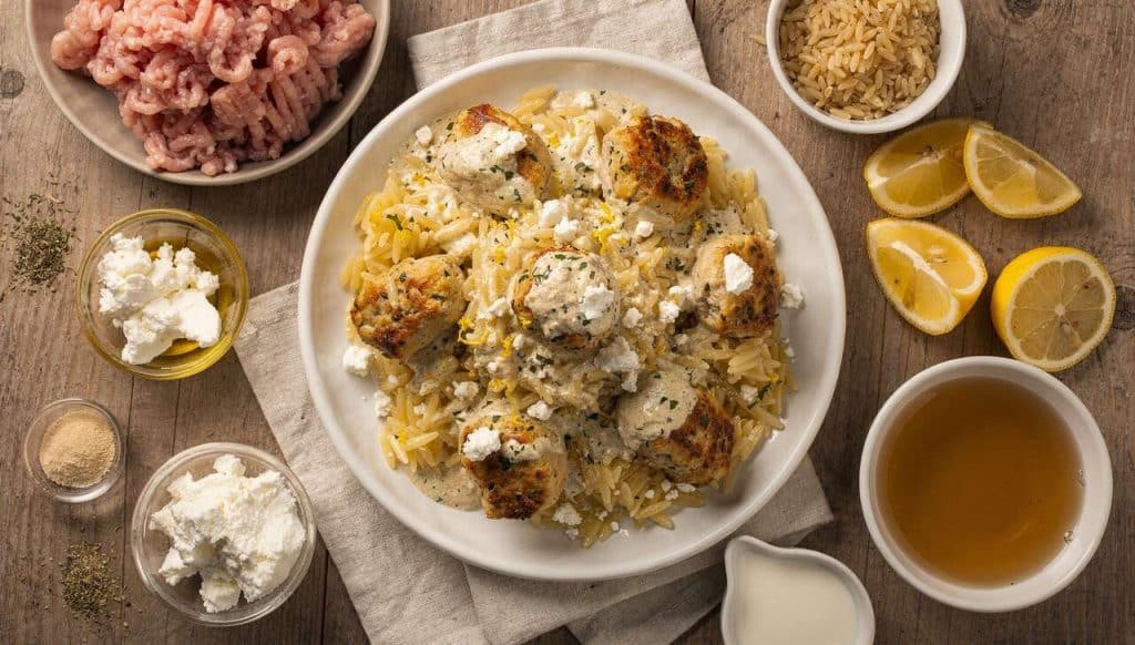 Boulettes de poulet à la grecque : recette avec orzo citron et sauce feta