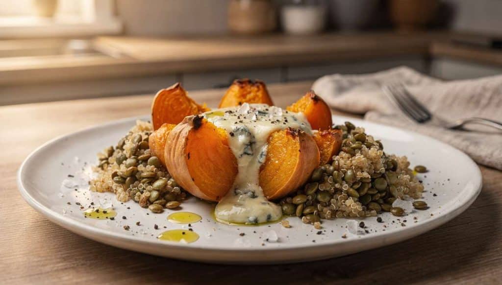 Butternut au gorgonzola, lentilles et quinoa : recette gourmande