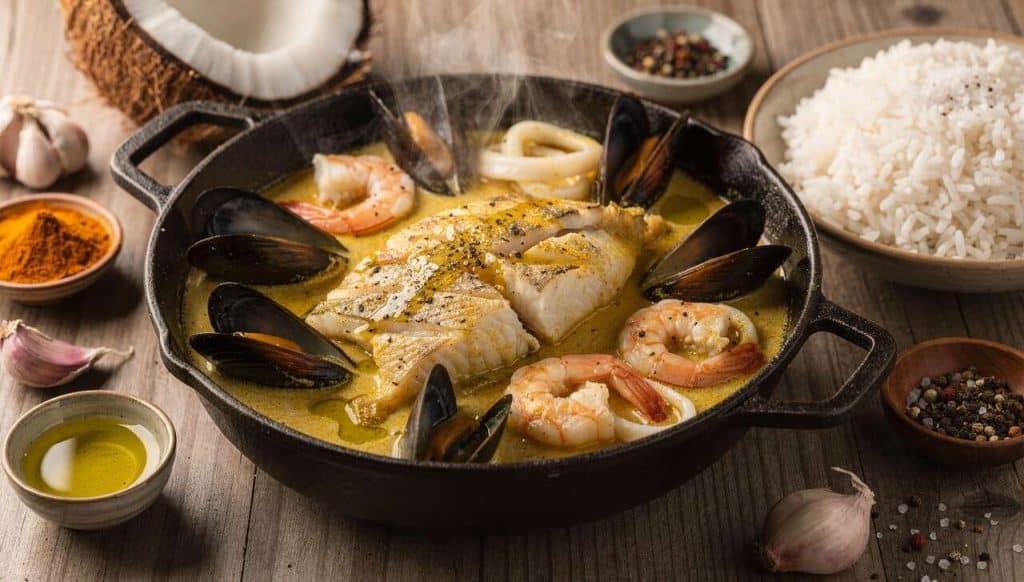 Marmite de poisson et fruits de mer : recette au curcuma et riz basmati