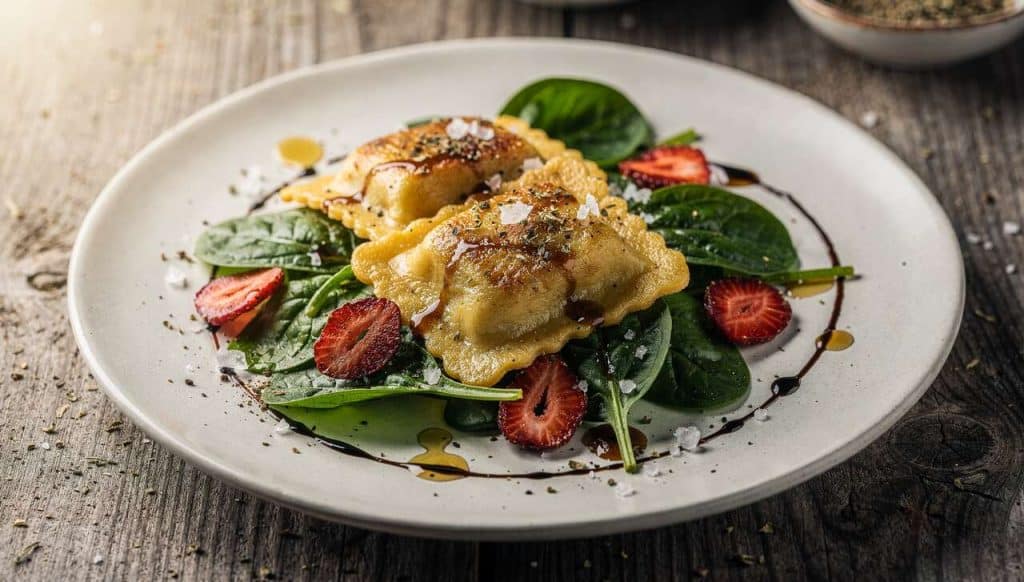 Salade printanière : ravioles poêlées, basilic, épinards et fraises
