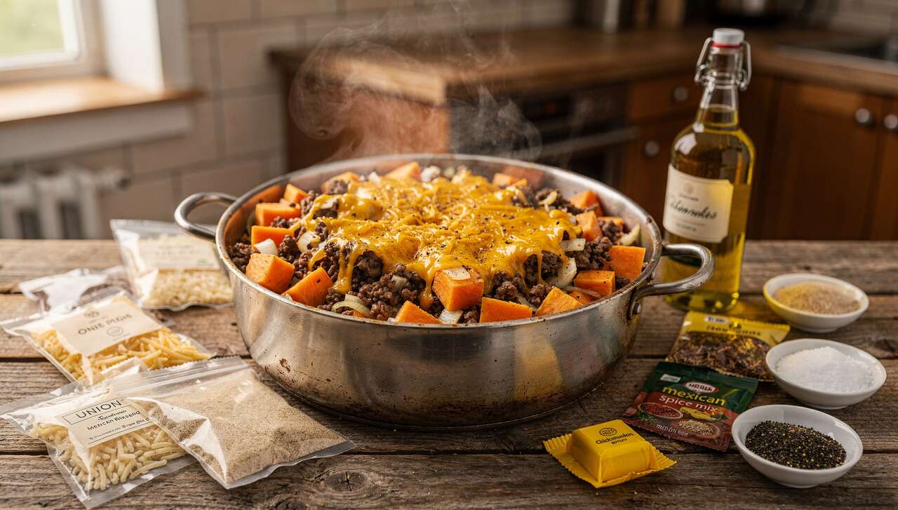 Recette de one-pot patates douces et viande hachée au fromage