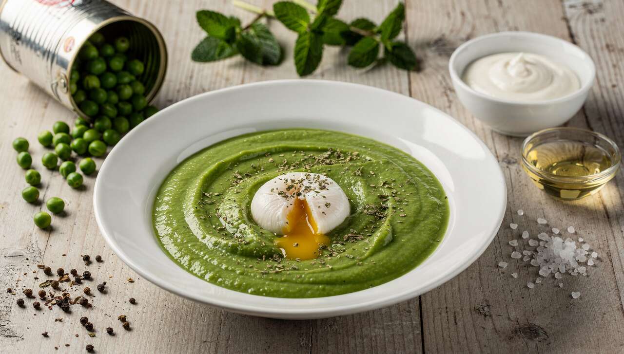 Velouté de petits pois, menthe et œuf poché : recette gourmande