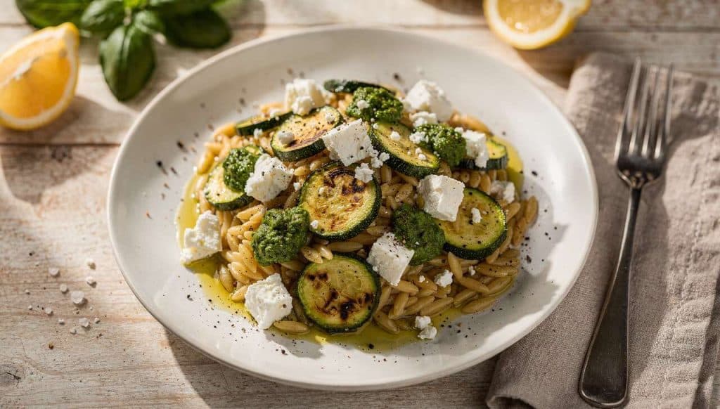 Orzo aux courgettes, feta et pesto : recette méditerranéenne savoureuse