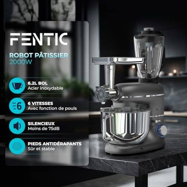 Découvrez notre test détaillé du robot pâtissier Fentic 6 en 1, un appareil puissant de 2000W avec bol de 6, 2L. Idéal pour les passionnés de cuisine, il allie performance et polyvalence.