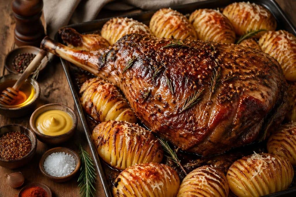 Gigot d'agneau au miel et moutarde avec pommes de terre Hasselback
