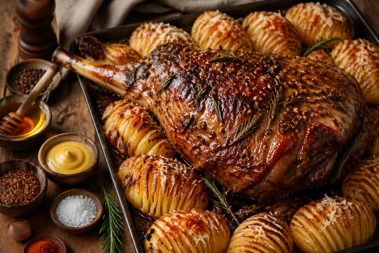 Gigot d'agneau au miel et moutarde avec pommes de terre Hasselback