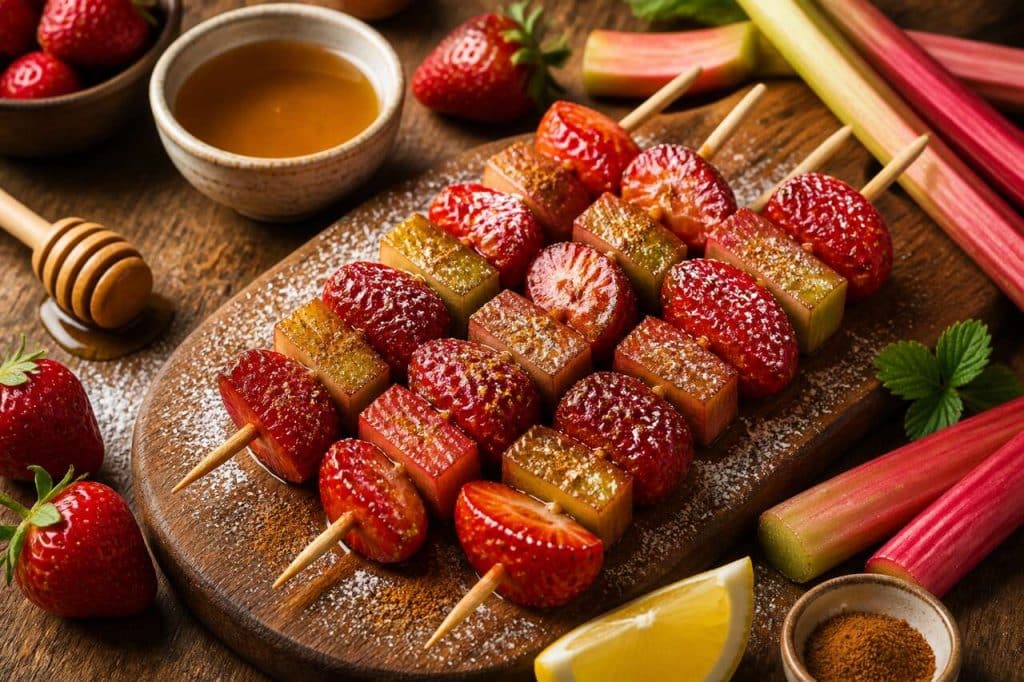 Brochettes rhubarbe et fraises : recette gourmande