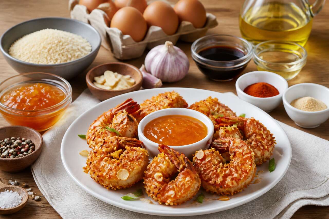 Recette de crevettes croustillantes : noix de coco et amandes, sauce aigre-douce à l'abricot